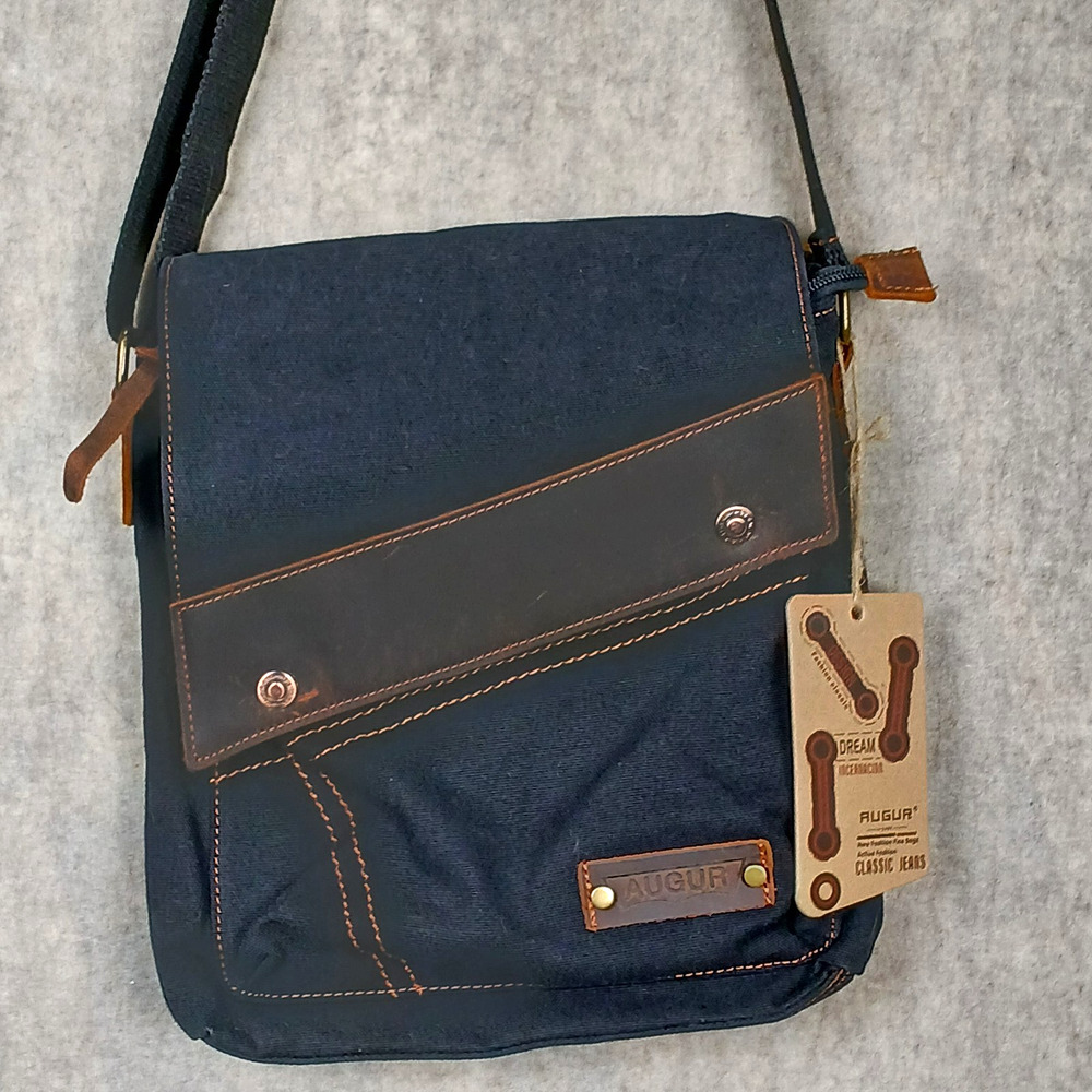 AUGUR 9088 Canvas Leather Crossbody Messenger Bag Men's Military Black NWT